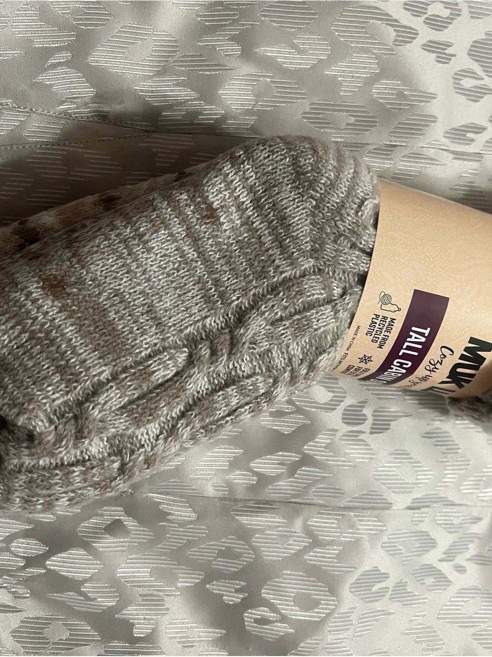 Muk Luks Tall Cabin  Knit Slipper Socks in Heathered Taupe